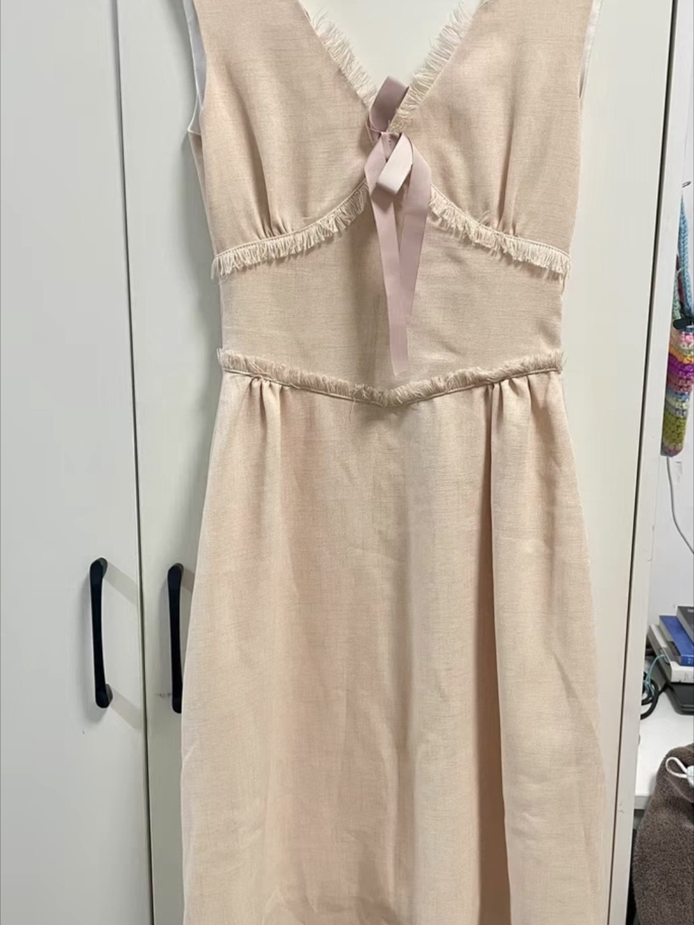 Blush Pink Fringe Trim Sleeveless Midi Dress with Ribbon Accent